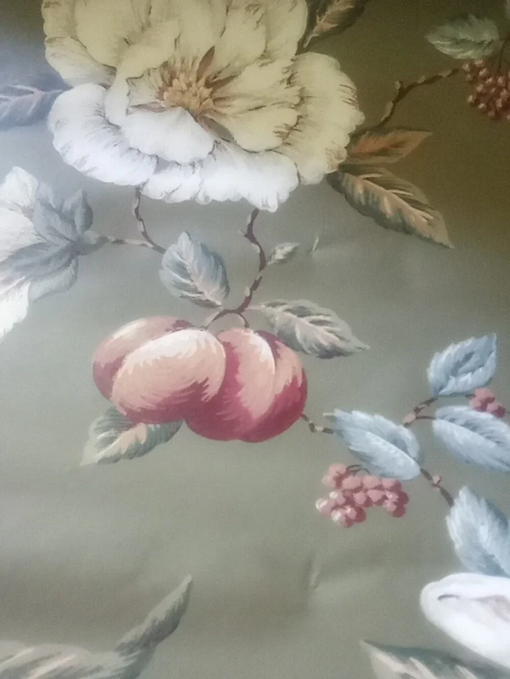 Botanical Floral Wallpaper in Olive Green with White and Pink Accents